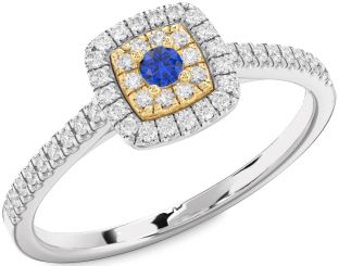 Diamond Blue Sapphire Platinum & Yellow Gold Halo Round Pave Promise Ring