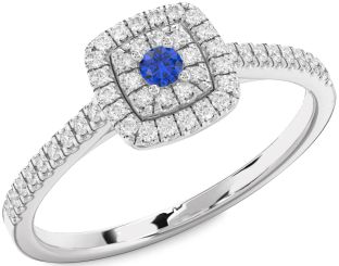Diamond Blue Sapphire Platinum Halo Round Pave Promise Ring