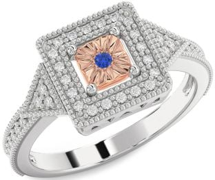 Diamond Blue Sapphire Platinum & Rose Gold Halo Round Promise Ring