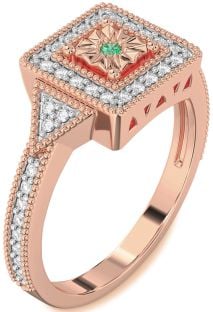 Diamond Emerald Rose Gold Halo Round Promise Ring