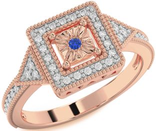 Diamond Blue Sapphire Rose Gold Halo Round Promise Ring
