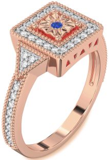 Diamond Blue Sapphire Rose Gold Halo Round Promise Ring