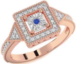 Diamond Blue Sapphire White Rose Gold Halo Round Promise Ring