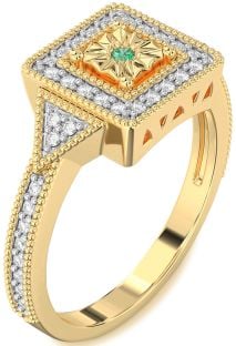 Diamond Emerald Gold Halo Round Promise Ring