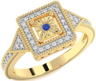 Diamond Blue Sapphire Gold Halo Round Promise Ring