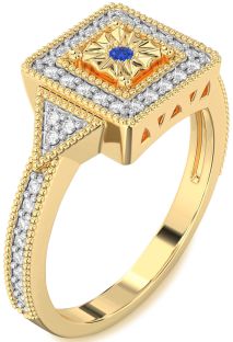 Diamond Blue Sapphire Gold Halo Round Promise Ring