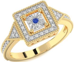 Diamond Blue Sapphire White Yellow Gold Halo Round Promise Ring