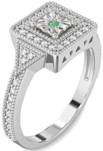Diamond Emerald White Gold Halo Round Promise Ring