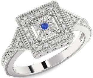 Diamond Blue Sapphire Platinum Halo Round Promise Ring