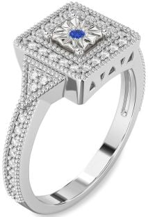 Diamond Blue Sapphire Platinum Halo Round Promise Ring