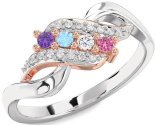 Diamond Silver & 10K Rose Gold Round Four Stone Mother's Ring