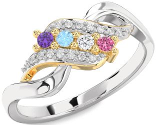 Diamond Silver & 10K gold Round Four Stone Mother's Ring