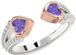 Diamond Emerald Platinum & Rose Gold Two Heart Birthstone Ring