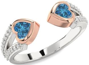 Diamond Emerald Platinum & Rose Gold Two Heart Birthstone Ring