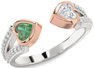 Diamond Emerald Platinum & Rose Gold Two Heart Birthstone Ring
