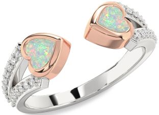 Diamond Emerald Platinum & Rose Gold Two Heart Birthstone Ring