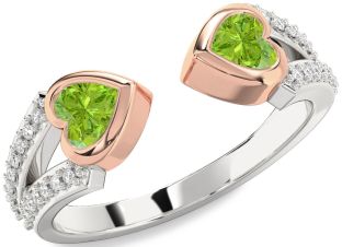 Diamond Emerald Platinum & Rose Gold Two Heart Birthstone Ring