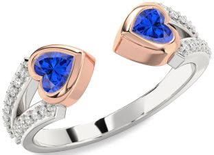 Diamond Emerald Platinum & Rose Gold Two Heart Birthstone Ring