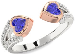 Diamond Emerald Platinum & Rose Gold Two Heart Birthstone Ring