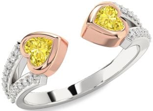 Diamond Emerald Platinum & Rose Gold Two Heart Birthstone Ring