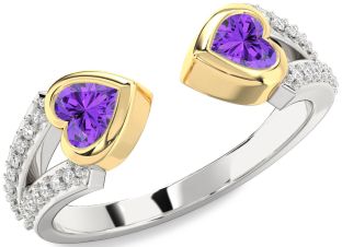 Diamond Emerald Platinum & Yellow Gold Two Heart Birthstone Ring