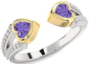 Diamond Emerald Platinum & Yellow Gold Two Heart Birthstone Ring