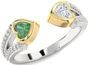 Diamond Emerald Platinum & Yellow Gold Two Heart Birthstone Ring