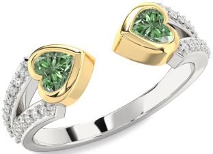Diamond Emerald Platinum & Yellow Gold Two Heart Birthstone Ring