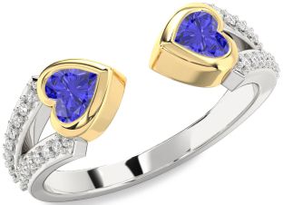 Diamond Emerald Platinum & Yellow Gold Two Heart Birthstone Ring