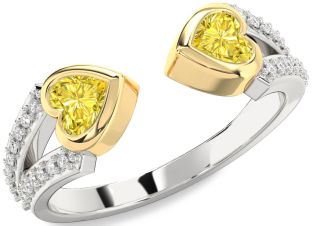 Diamond Emerald Platinum & Yellow Gold Two Heart Birthstone Ring