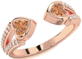 Diamond Emerald Rose Gold Two Heart Birthstone Ring