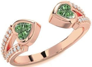 Diamond Emerald Rose Gold Two Heart Birthstone Ring