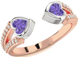 Diamond Emerald Platinum & Rose Gold Two Heart Birthstone Ring