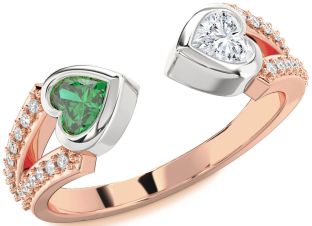 Diamond Emerald Platinum & Rose Gold Two Heart Birthstone Ring