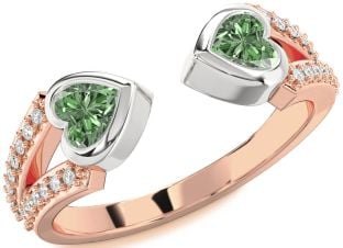 Diamond Emerald Platinum & Rose Gold Two Heart Birthstone Ring