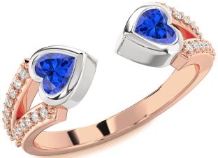 Diamond Emerald Platinum & Rose Gold Two Heart Birthstone Ring