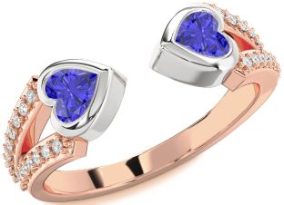 Diamond Emerald Platinum & Rose Gold Two Heart Birthstone Ring