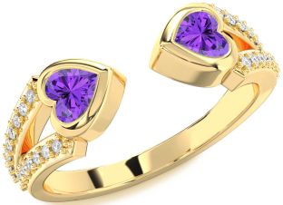 Diamond Emerald Gold Two Heart Birthstone Ring