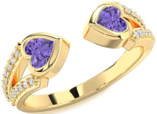 Diamond Emerald Gold Two Heart Birthstone Ring