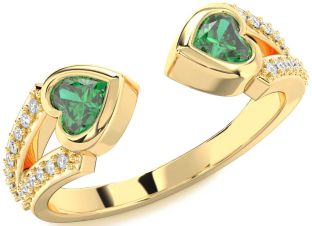 Diamond Emerald Gold Silver Two Heart Birthstone Ring