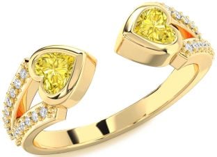 Diamond Emerald Gold Two Heart Birthstone Ring