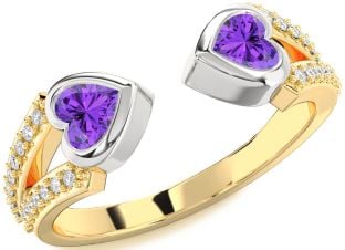 Diamond Emerald Platinum & Yellow Gold Two Heart Birthstone Ring