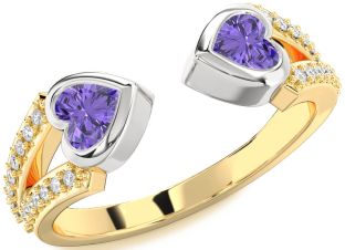 Diamond Emerald Platinum & Yellow Gold Two Heart Birthstone Ring