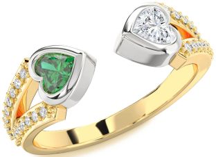 Diamond Emerald Platinum & Yellow Gold Two Heart Birthstone Ring