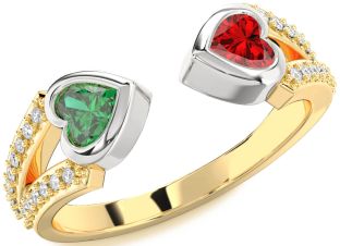 Diamond Emerald Platinum & Yellow Gold Two Heart Birthstone Ring