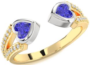 Diamond Emerald Platinum & Yellow Gold Two Heart Birthstone Ring