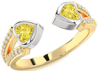 Diamond Emerald Platinum & Yellow Gold Two Heart Birthstone Ring