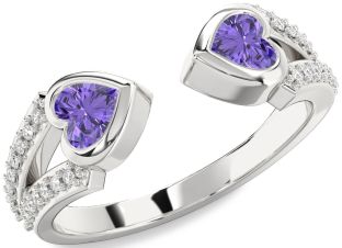 Diamond Emerald Platinum Two Heart Birthstone Ring