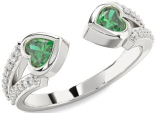 Diamond Emerald Silver Two Heart Birthstone Ring