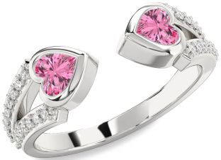 Diamond Pink Sapphire Silver Two Heart Ring